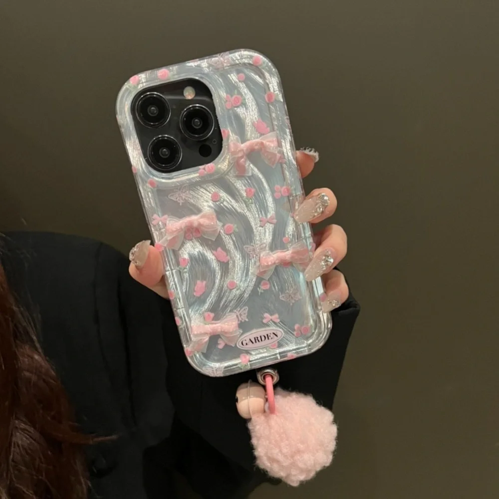 Cute Pink Bow Pom-Pom Phone Case for iPhone